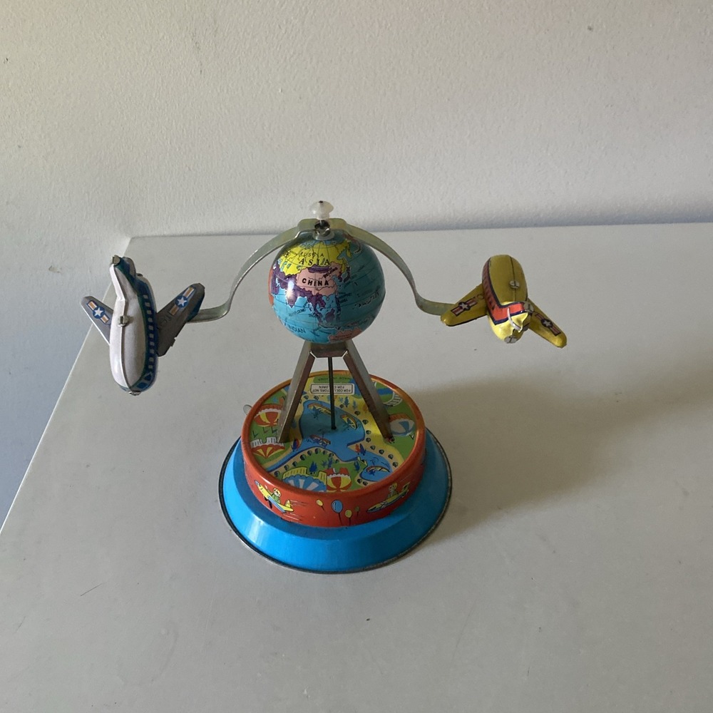Vintage Retro Wind-Up Tin Metal Toy Universal Planes Fly Around Globe - Picture 1 of 10